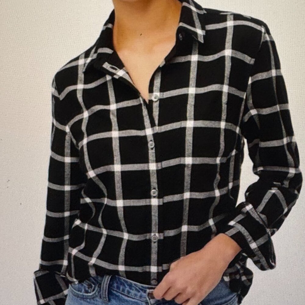 JCrew FLANNEL SHIRT Woman's Plus 2X Cotton Black Ivory Plaid Relaxed Like New